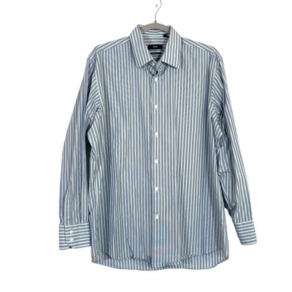 Boss Hugo Boss Mens Regular Fit Blue Green White Striped Button Up Shirt Sz 16 - Picture 1 of 5